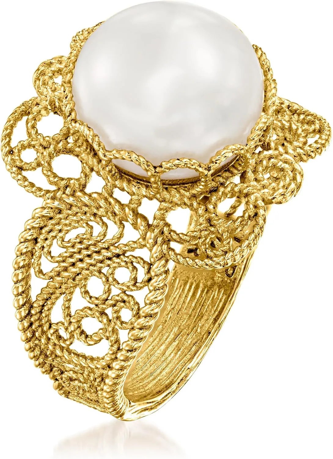 Ross-Simons 9-9.5mm Cultured Pearl Filigree Ring in 18kt Gold Over Sterling