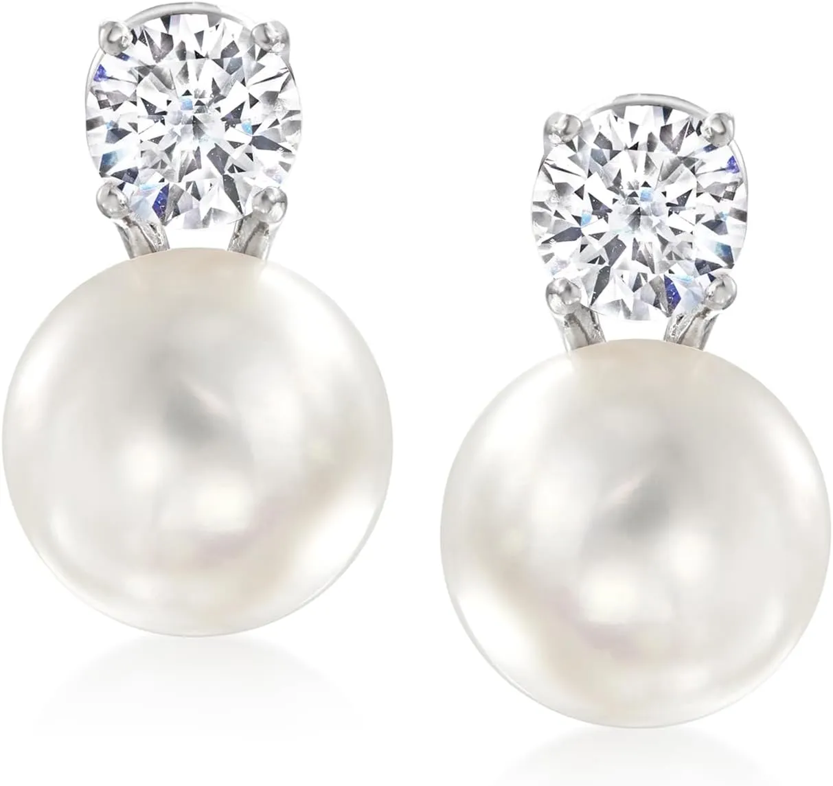Ross-Simons Italian 10.5-11mm Cultured Pearl and 1.50 ct. t.w. CZ Drop Earrings in Sterling Silver