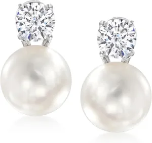 Ross-Simons Italian 10.5-11mm Cultured Pearl and 1.50 ct. t.w. CZ Drop Earrings in Sterling Silver