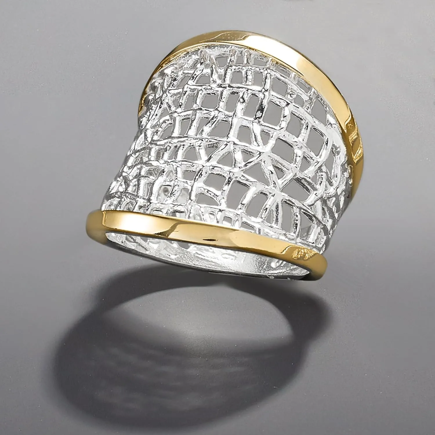 Ross-Simons Sterling Silver and 14kt Yellow Gold Free-Form Lattice Ring