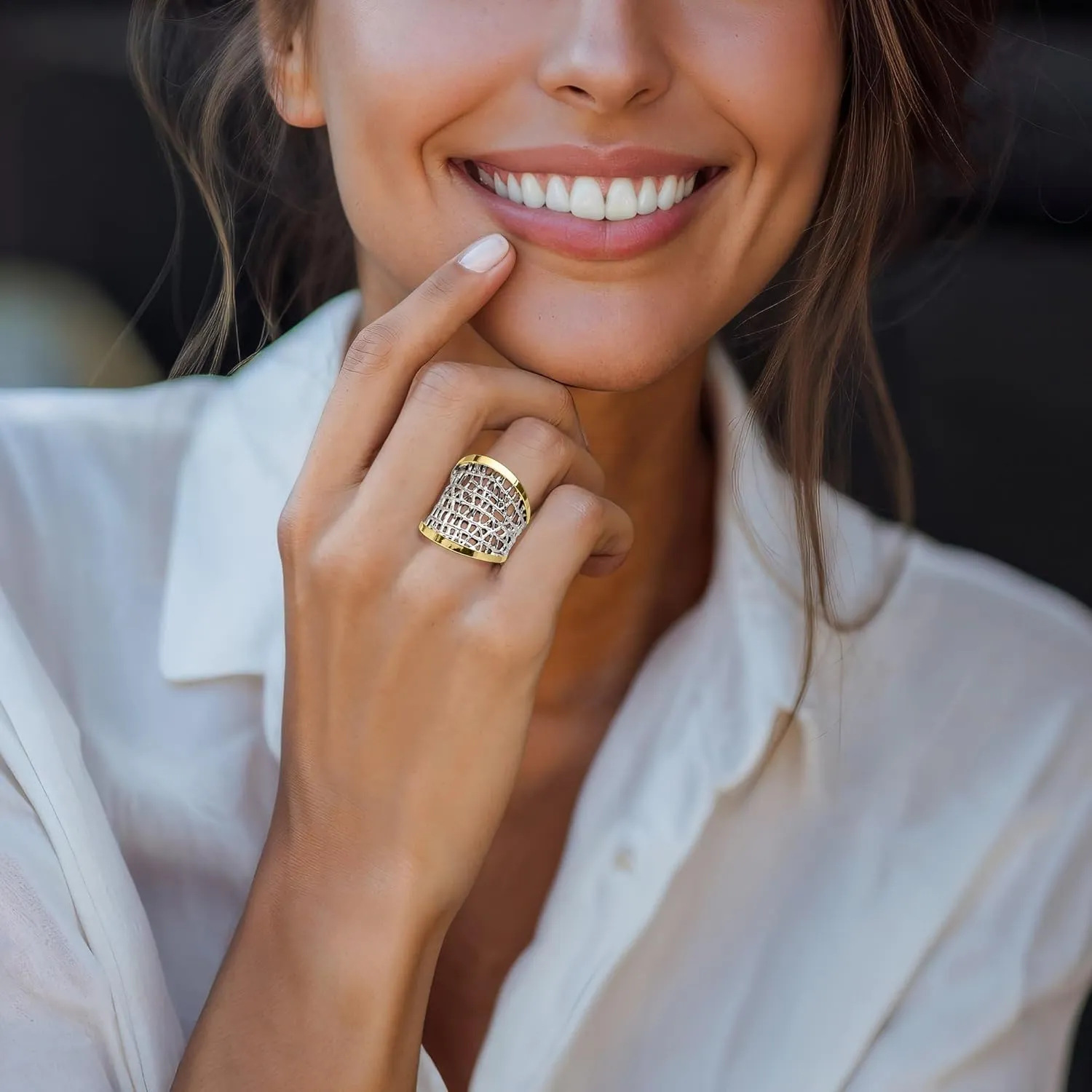 Ross-Simons Sterling Silver and 14kt Yellow Gold Free-Form Lattice Ring