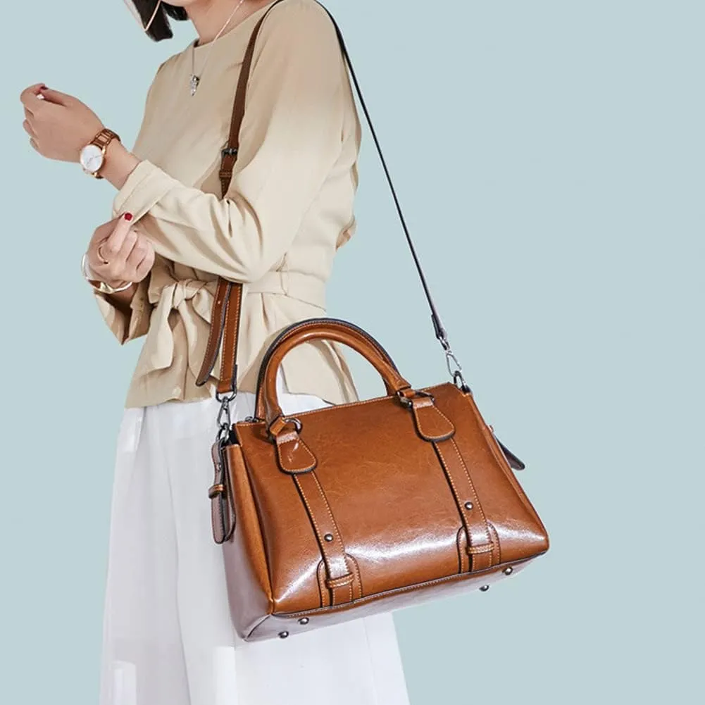 ROUROU Genuine Leather Handbag for Women Top Handle Crossbody Bag Satchel Large Capacity Shoulder Bag Fashion Tote Bag
