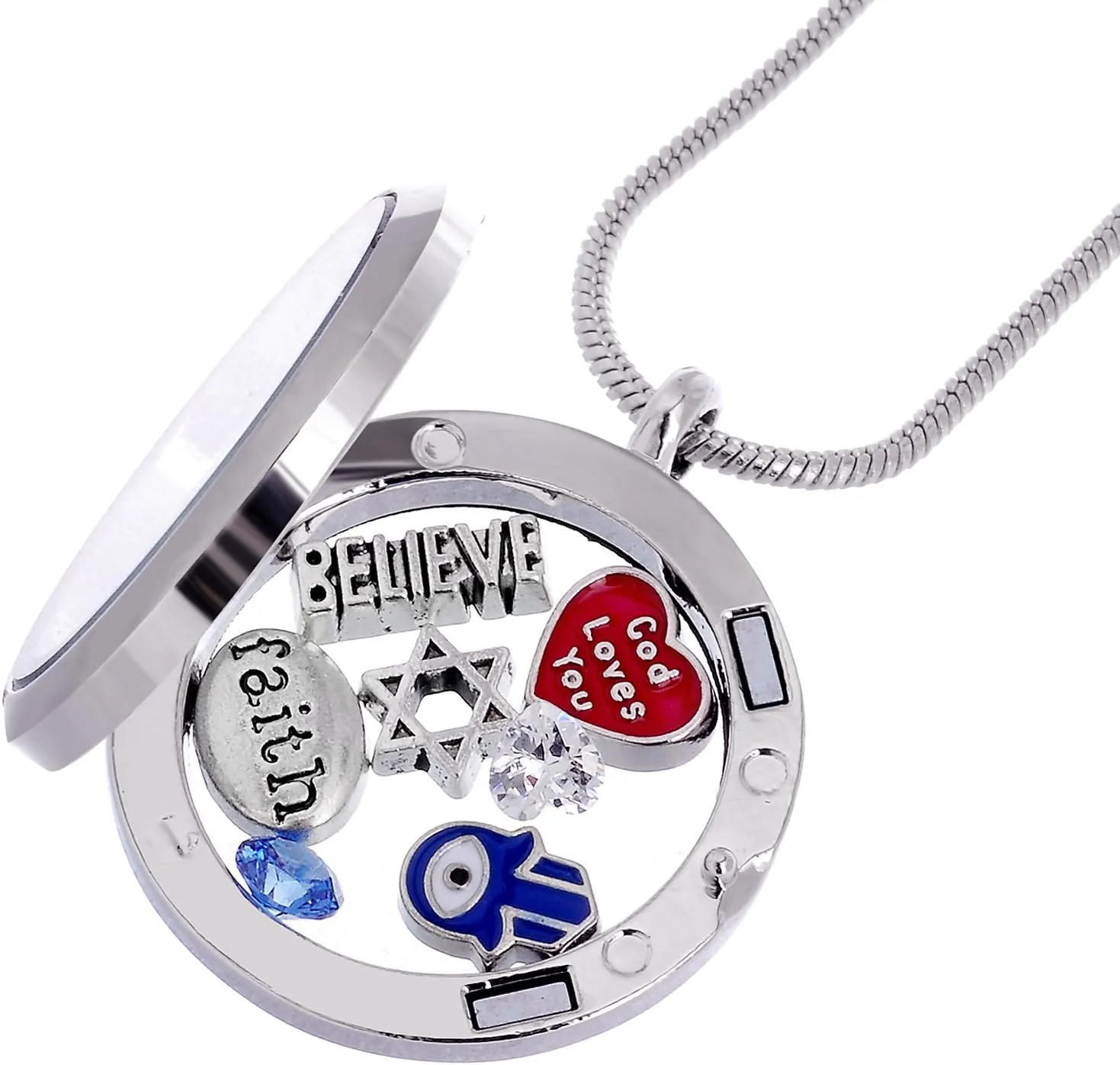 RUBYCA Themed Locket Necklace Crystal Birthstone Living Memory Floating Charm Silver Tone DIY