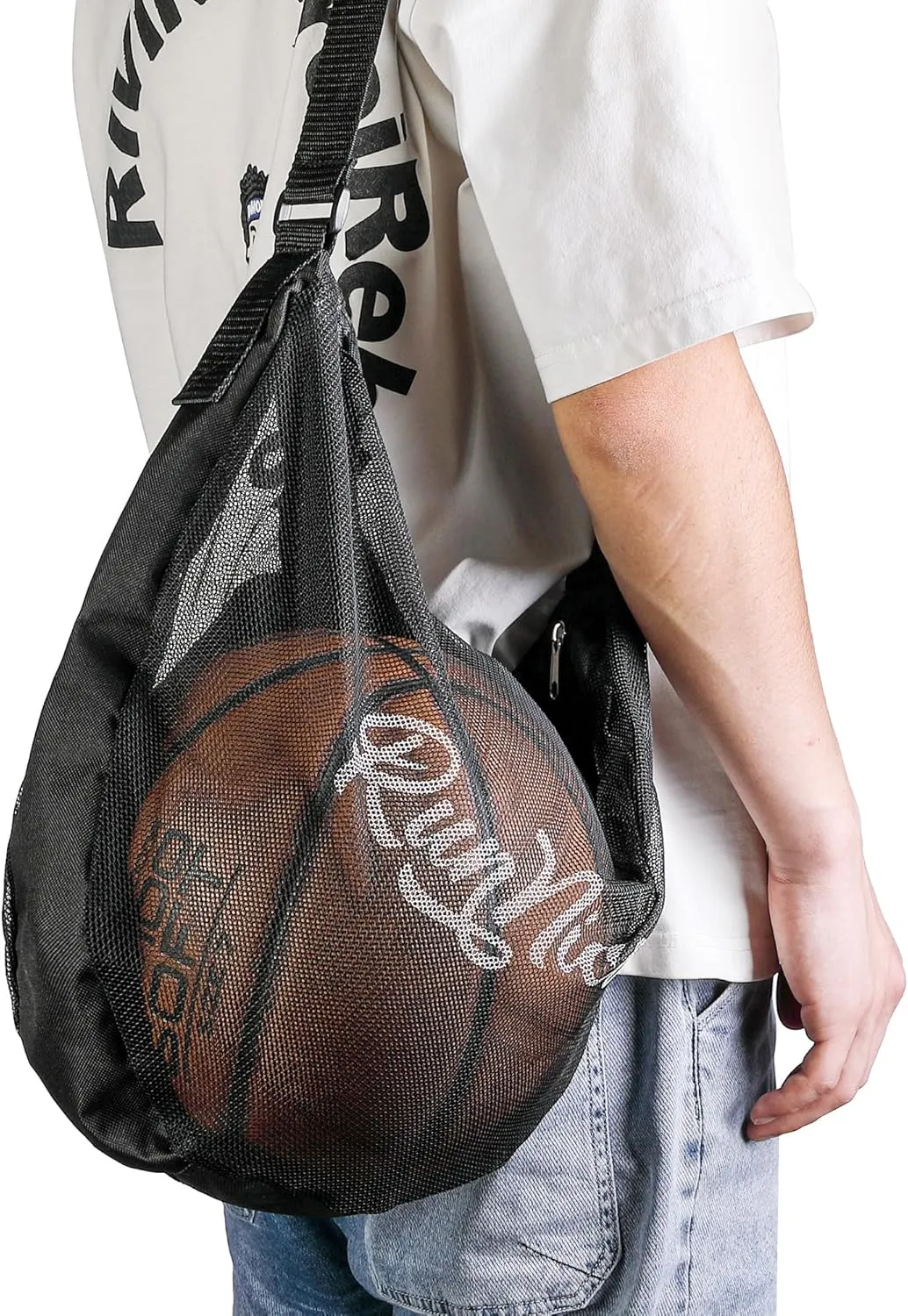 RunNico Mesh Single Ball Carry Bag,Foldable Basketball Bags with Adjustable Shoulder Strap,Large Capacity Sports Ball Bag for Carrying Basketball,Volleyball,Football and Rugby