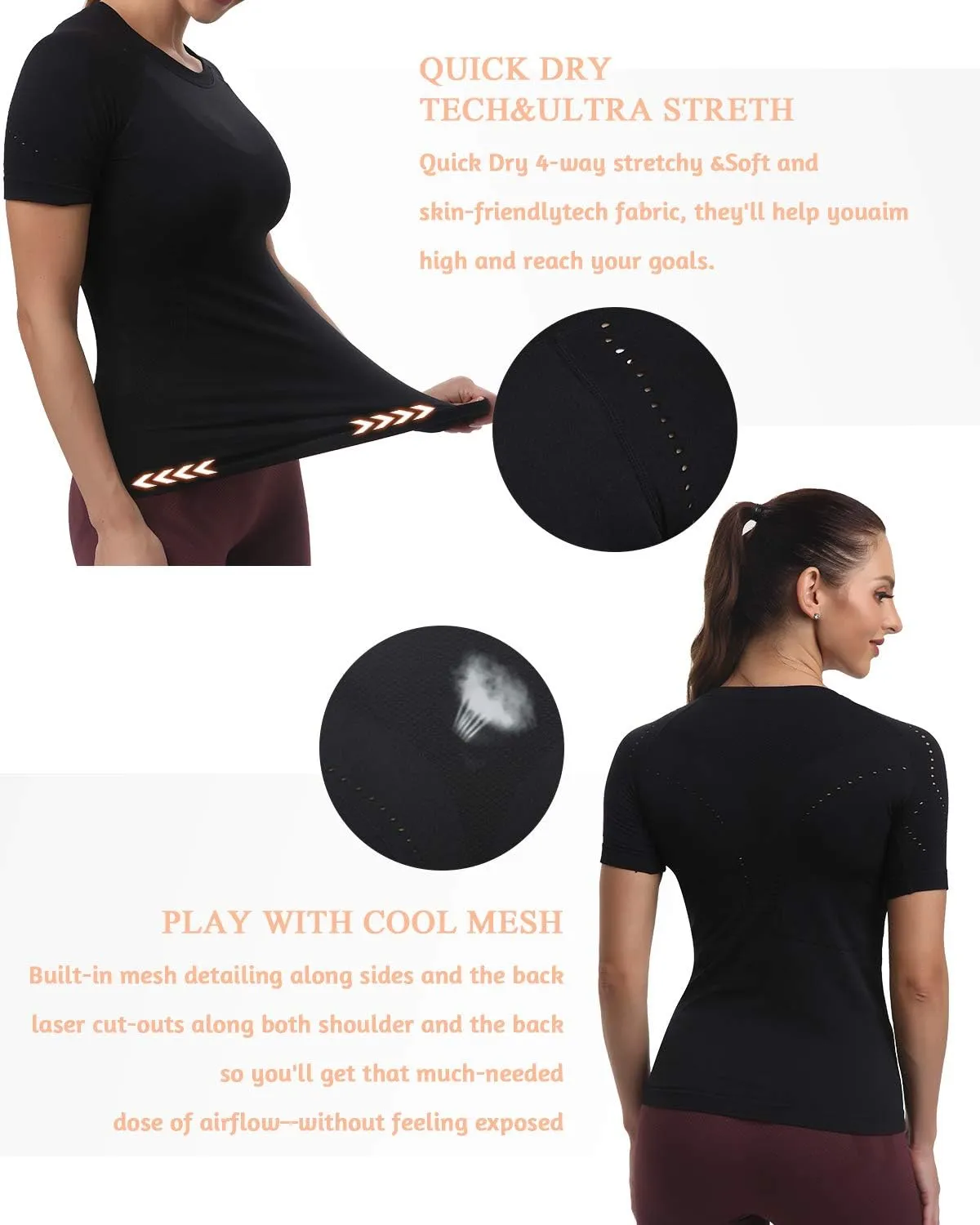 RUNNING GIRL Seamless Workout Shirts for Women，Short Sleeve T-Shirt Stretch Tees Quick Dry Gym Athletic Tops