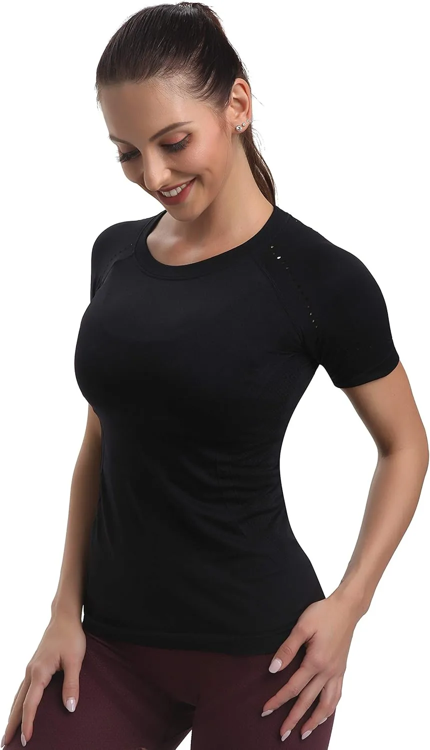 RUNNING GIRL Seamless Workout Shirts for Women，Short Sleeve T-Shirt Stretch Tees Quick Dry Gym Athletic Tops