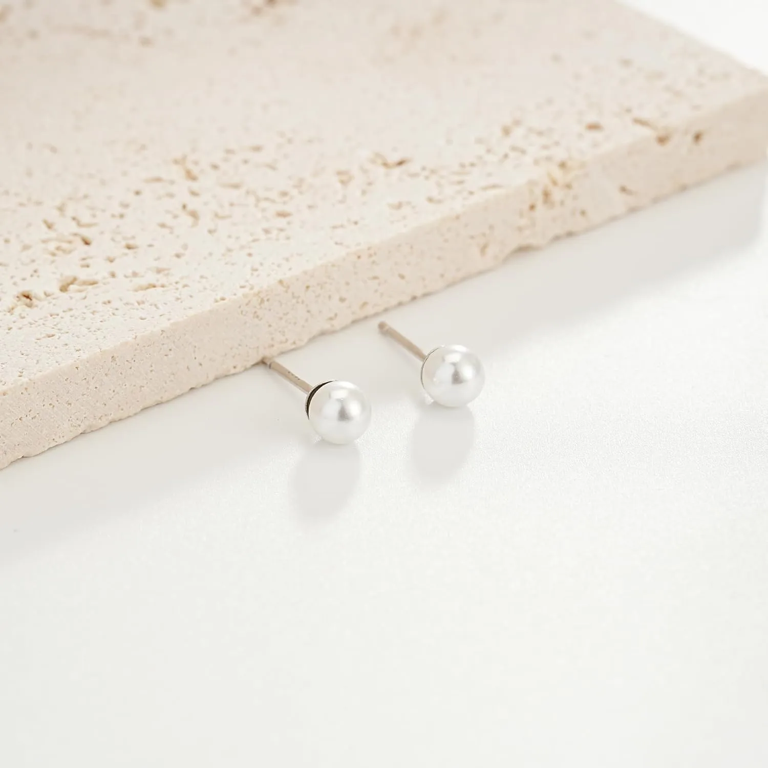 S999 Sterling Silver, White Pearl Earrings Round Stud Earring for Women, Hypoallergenic Earrings For Wedding Brides Jewelry Gift