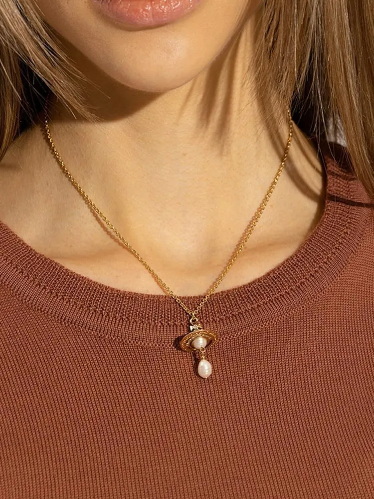 Saturn Necklace for Women, Baroque Pearl Zircon Pendant Necklace, 18K Gold Adjustable Chain Jewelry, birthday gift for Women,Neckalce for Sister Mom and Daughter,Meaningful Jewelry