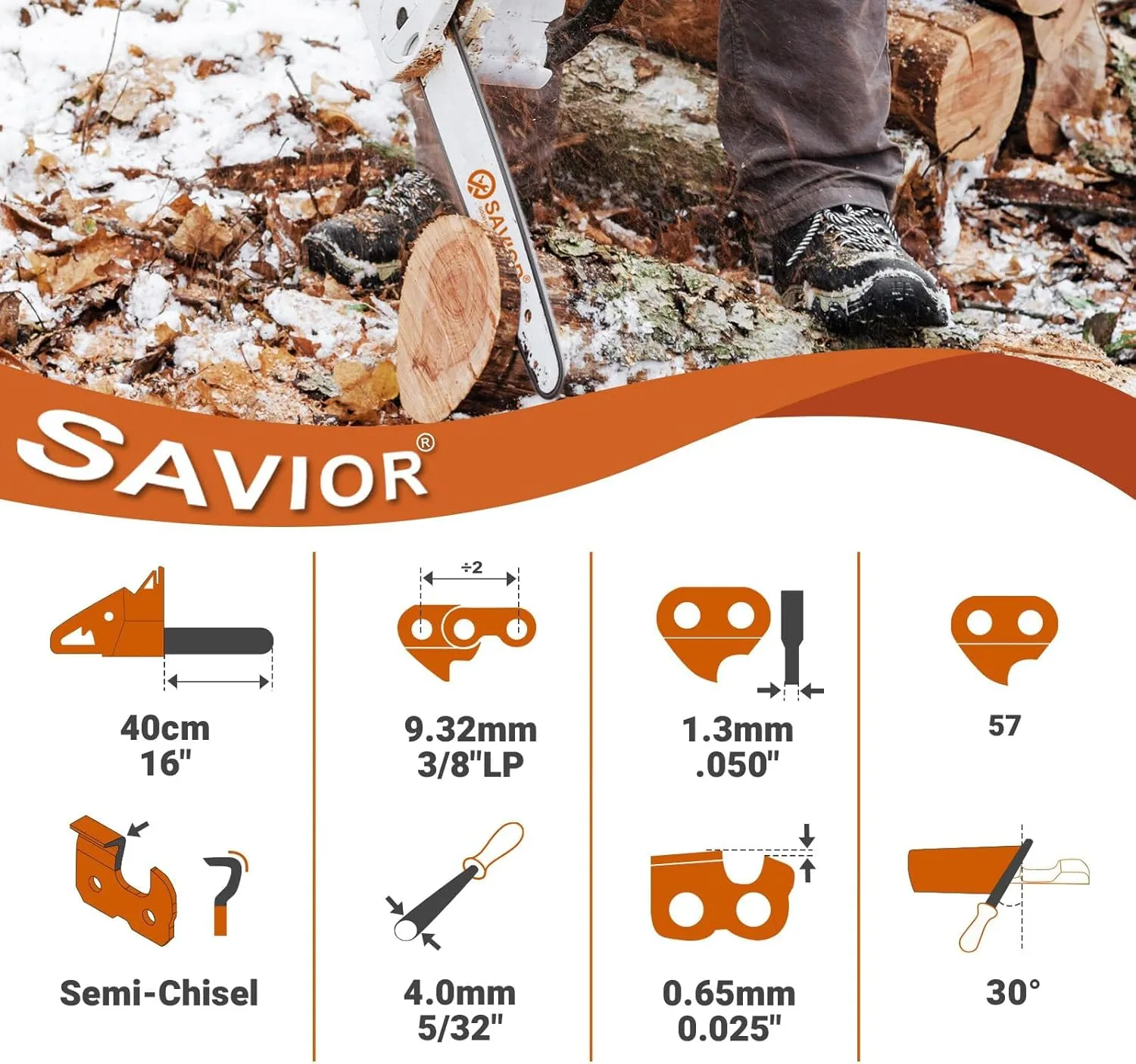 Savior 3Pack 16 Inch Chainsaw Chain 3/8" LP Pitch, 050" (1.3 mm) Gauge, 57 Drive Links Fits Echo 91PX57CQ, 91VG57CQ Oregon S57, Fits Echo CS-3510/352/3400/400 Worx WG300 WG303 BAUER 20112E-B 16" Chain