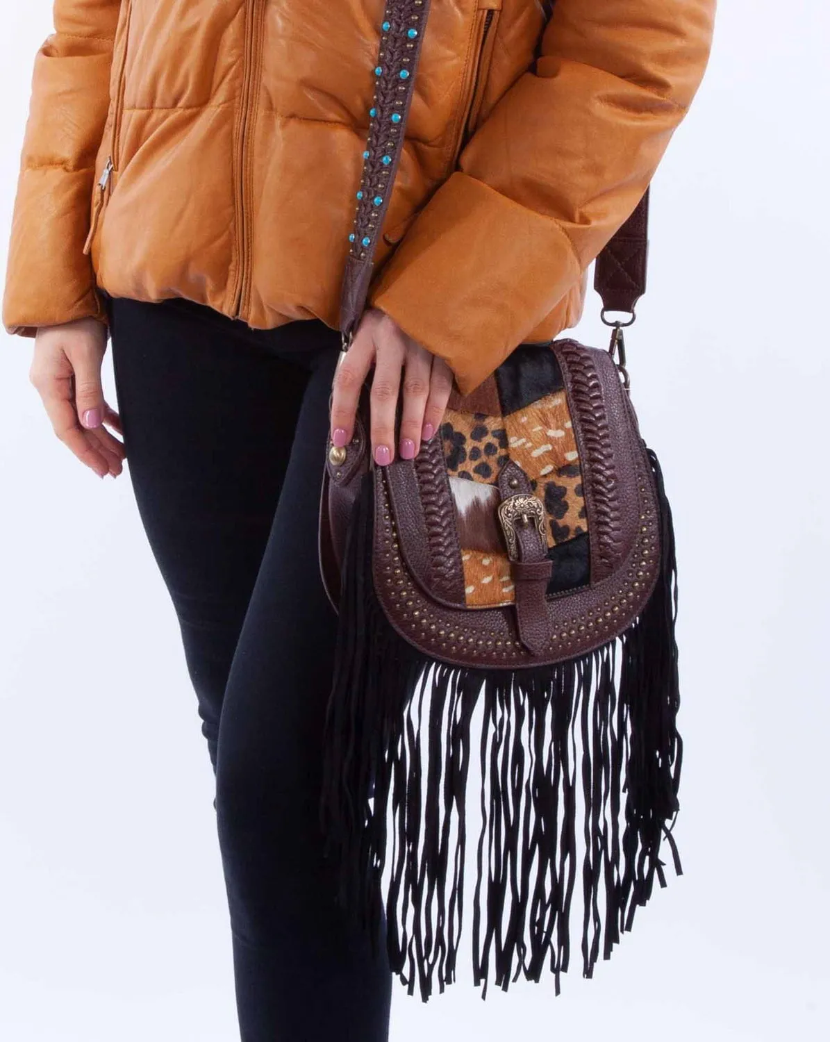 Scully Womens Patchwork Cowhide Brown Leather Crossbody Bag OS