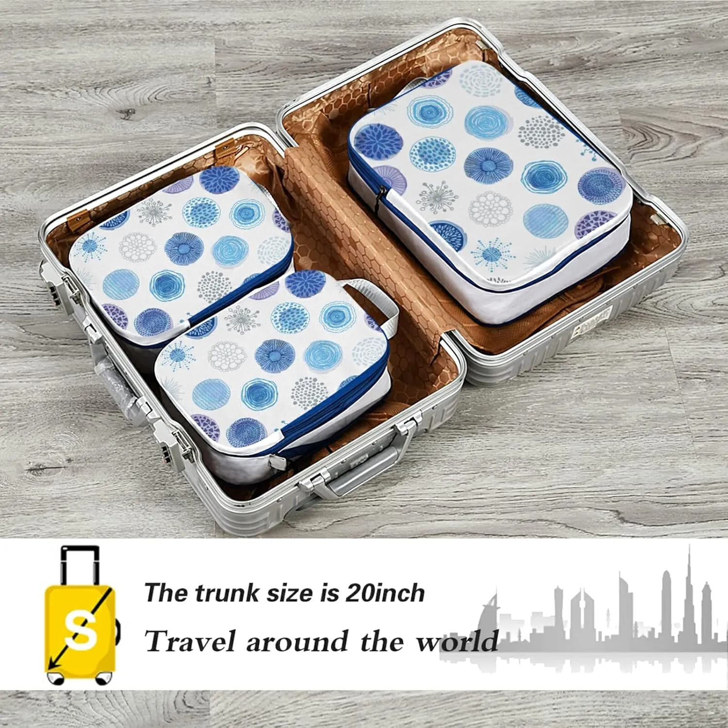 Seamless Pattern with Hand Drawn Blue Circles on White 3 Piece set Cubes Expandable Adjustable Luggage Packing Bags, Ultralight Organizer Accessories Travel Suitcase Compressible Bags