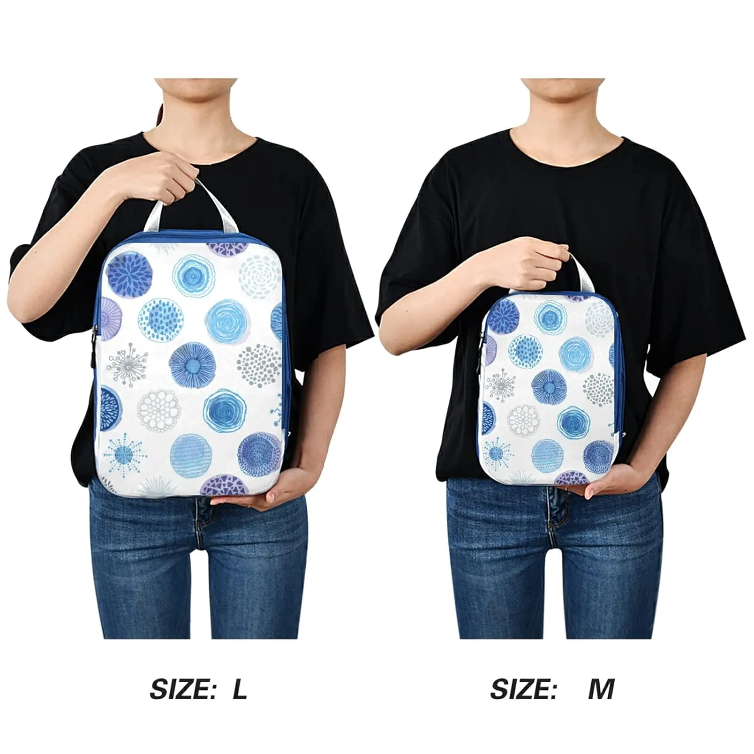 Seamless Pattern with Hand Drawn Blue Circles on White 3 Piece set Cubes Expandable Adjustable Luggage Packing Bags, Ultralight Organizer Accessories Travel Suitcase Compressible Bags