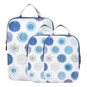 Seamless Pattern with Hand Drawn Blue Circles on White 3 Piece set Cubes Expandable Adjustable Luggage Packing Bags, Ultralight Organizer Accessories Travel Suitcase Compressible Bags