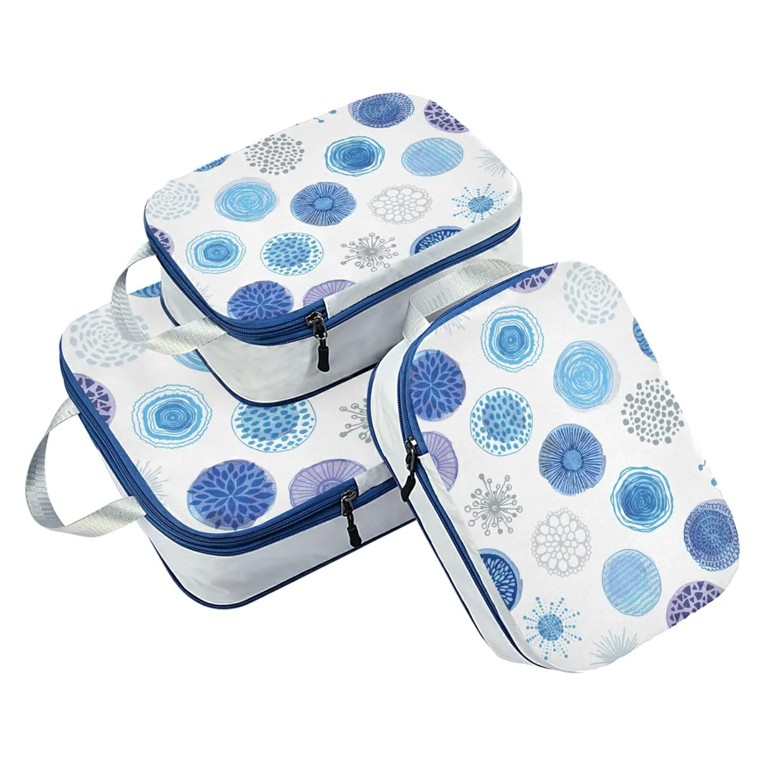 Seamless Pattern with Hand Drawn Blue Circles on White 3 Piece set Cubes Expandable Adjustable Luggage Packing Bags, Ultralight Organizer Accessories Travel Suitcase Compressible Bags