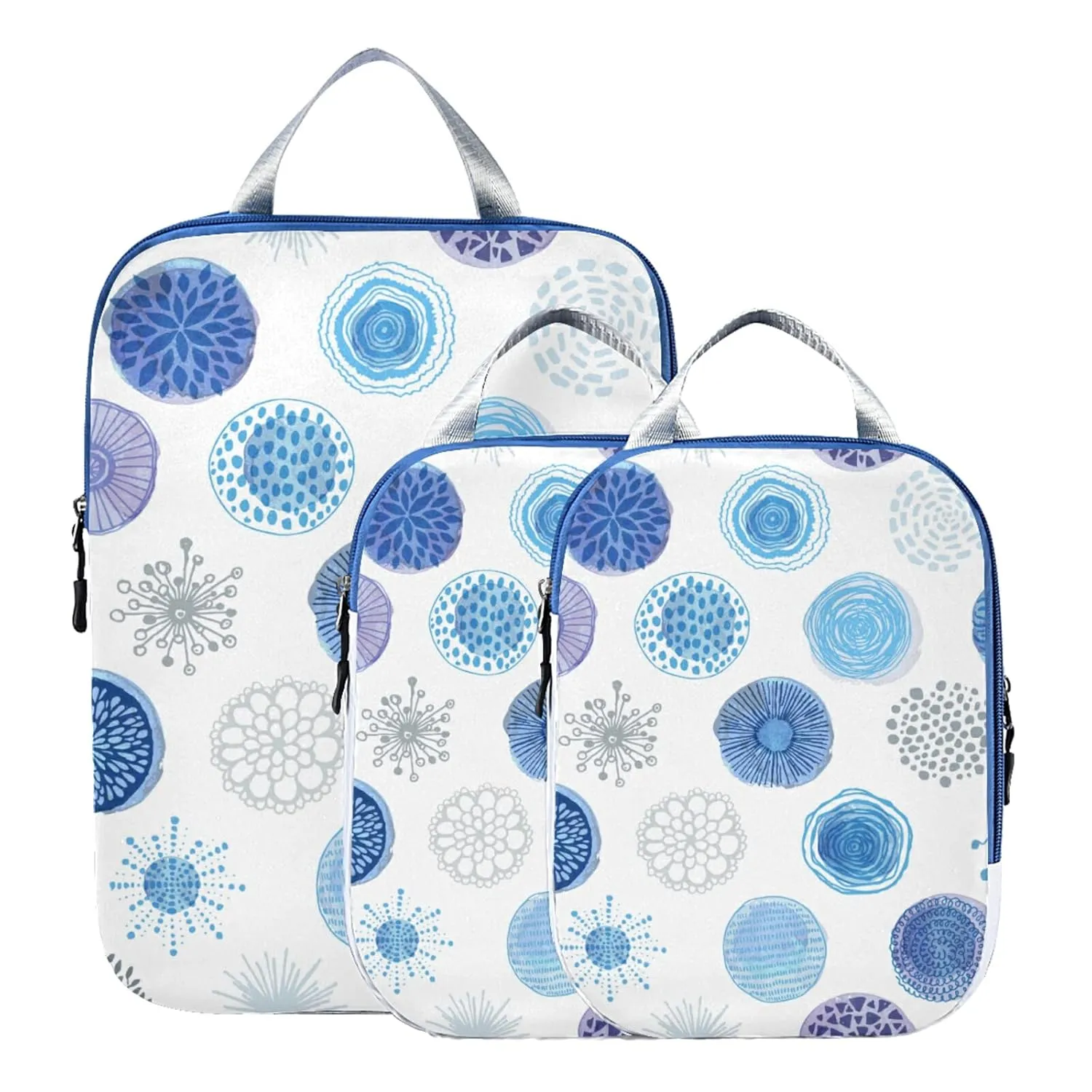 Seamless Pattern with Hand Drawn Blue Circles on White 3 Piece set Cubes Expandable Adjustable Luggage Packing Bags, Ultralight Organizer Accessories Travel Suitcase Compressible Bags