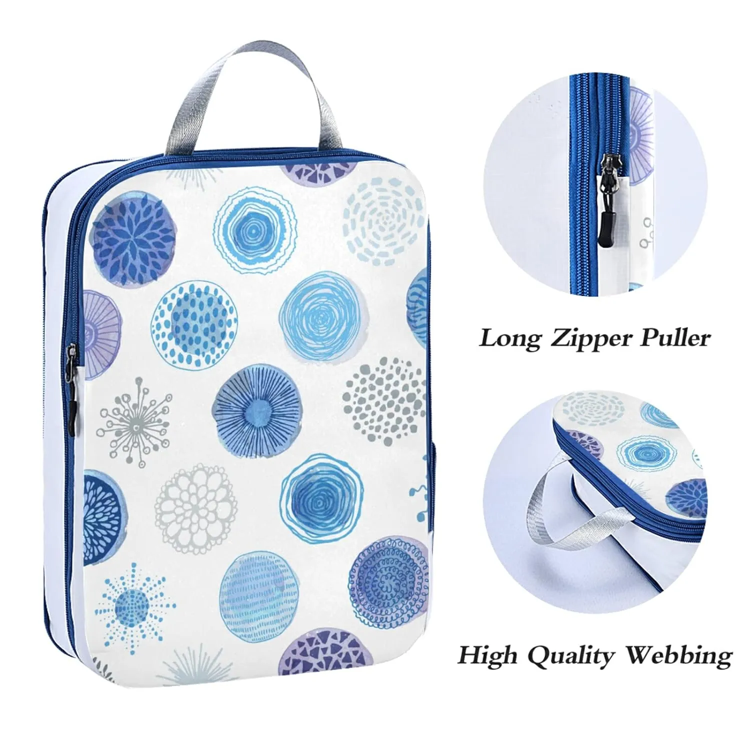 Seamless Pattern with Hand Drawn Blue Circles on White 3 Piece set Cubes Expandable Adjustable Luggage Packing Bags, Ultralight Organizer Accessories Travel Suitcase Compressible Bags