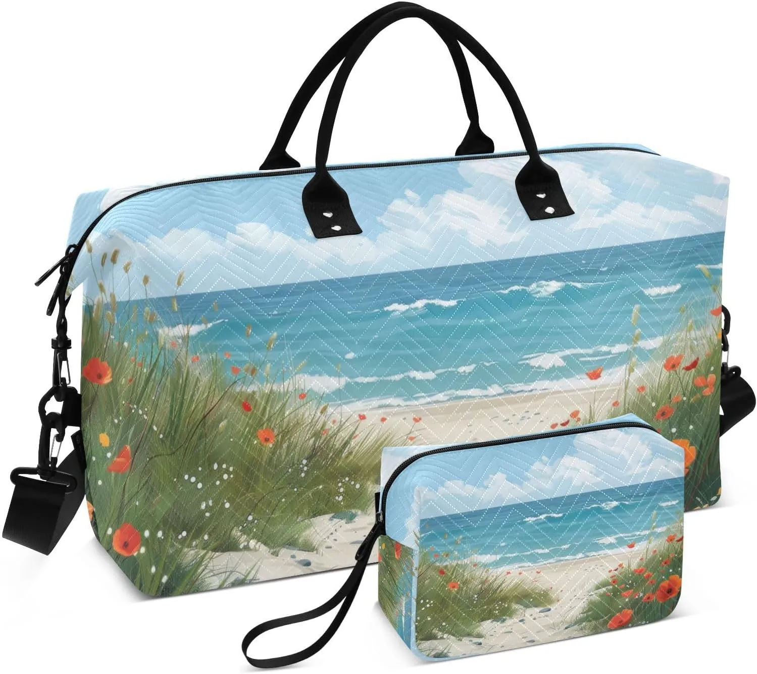 Seascape Poppy Beach Path Travel Duffel Bag Gym Bag Sports Tote Bag with Multiple Interior Pockets Shoulder Weekender Bag for Women Men with Toiletry Bag 20.5”x 7.9”x 13.8”