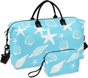 Seashell Starfish Blue Sports Gym Bag for Women Men Travel Duffel Bag Weekend Overnight Carry on Bag with Toiletry Bag Training Handbag for Hospital Plane Swimming Yoga Workout