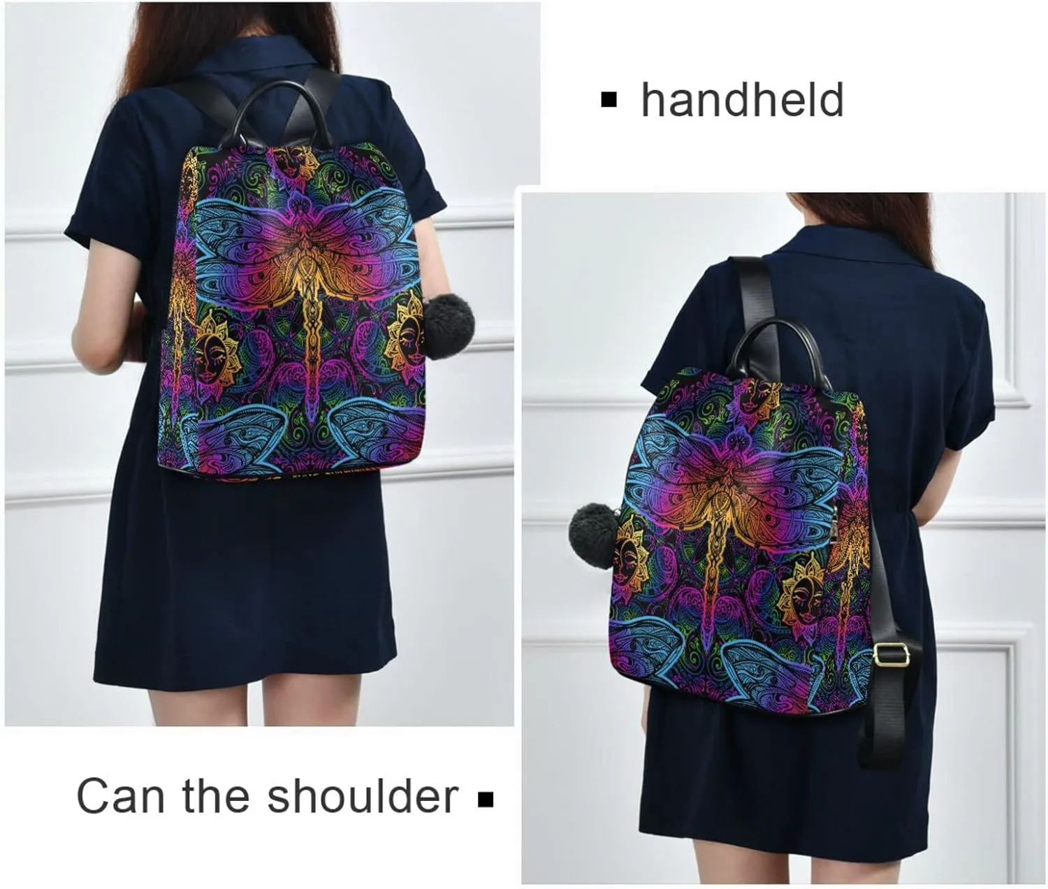 senya Fashion Backpack Purse for Women, Rainbow Colorful Dragonfly Ethnic Backpack Shoulder Bag for Women