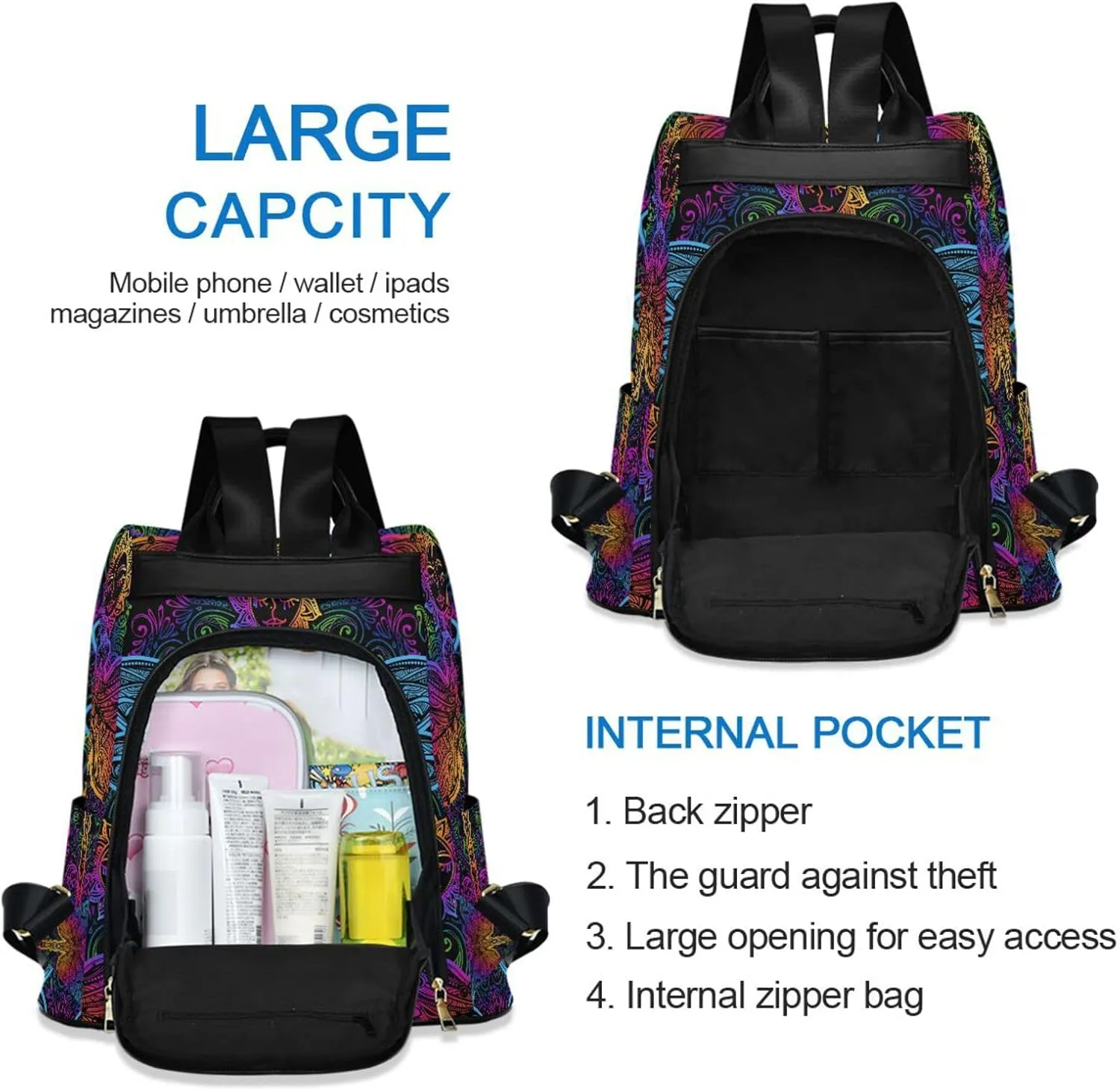 senya Fashion Backpack Purse for Women, Rainbow Colorful Dragonfly Ethnic Backpack Shoulder Bag for Women
