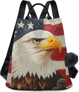 Serious Bald Eagle Flag Travel Backpack Purse for Women Multipurpose Design Ladies Fashion Bag with Pompom
