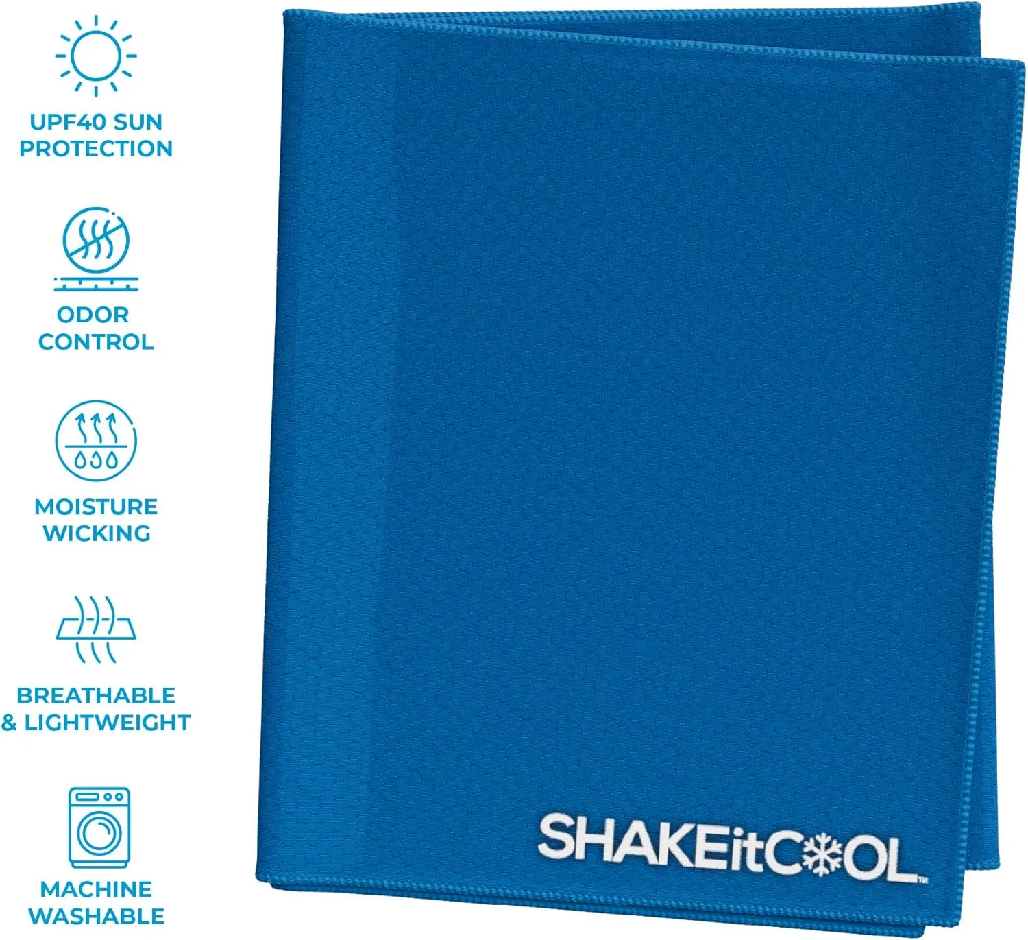 SHAKEitCOOL Extended Size Cooling Towel – Be Cool in Style - Heat Relief, Soft, Lightweight, Sun Protection, Easy Clean - Perfect for Biking, Hiking, Running, Yoga, Golf, Gardening - Blue M