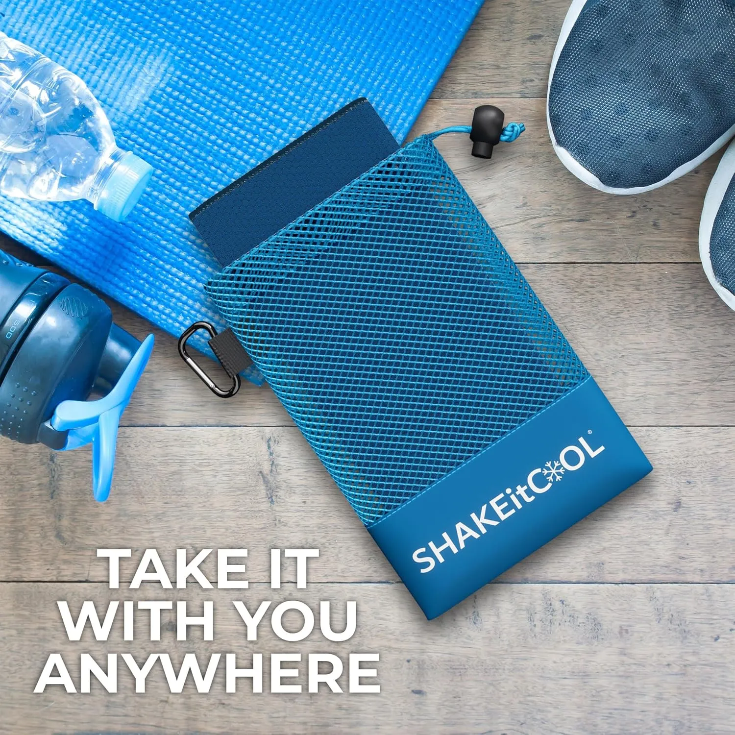 SHAKEitCOOL Extended Size Cooling Towel – Be Cool in Style - Heat Relief, Soft, Lightweight, Sun Protection, Easy Clean - Perfect for Biking, Hiking, Running, Yoga, Golf, Gardening - Blue M