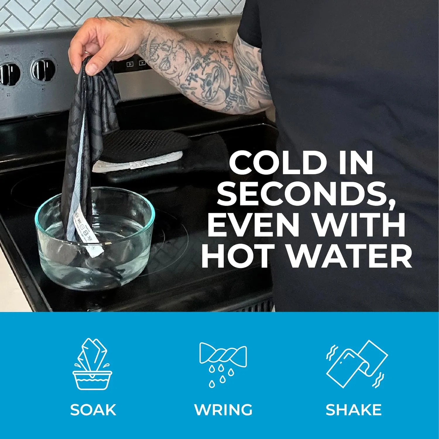 SHAKEitCOOL Extended Size Cooling Towel – Be Cool in Style - Heat Relief, Soft, Lightweight, Sun Protection, Easy Clean - Perfect for Biking, Hiking, Running, Yoga, Golf, Gardening - Blue M