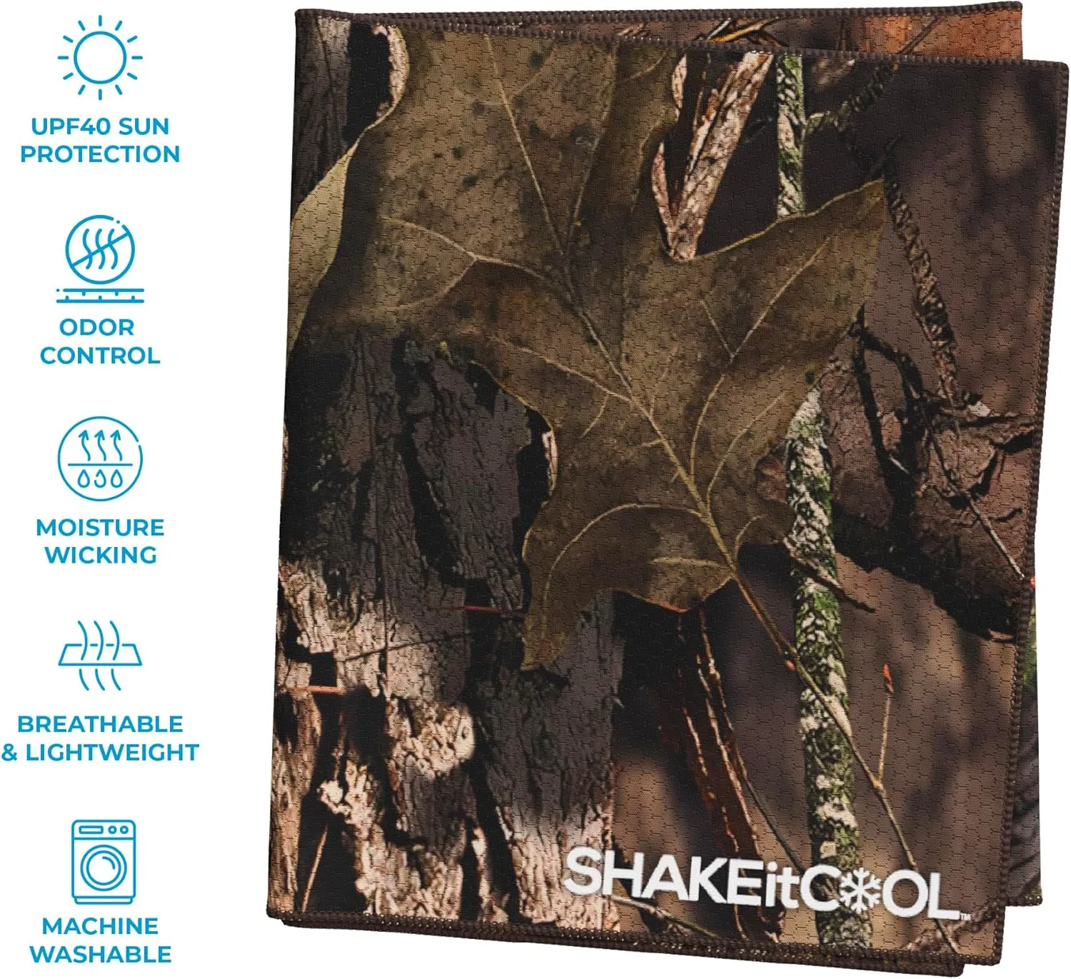 SHAKEitCOOL Extended Size Cooling Towel – Be Cool in Style - Heat Relief, Soft, Lightweight, Sun Protection, Easy Clean - Perfect for Biking, Hiking, Running, Yoga, Golf, Gardening - Tree Camo M