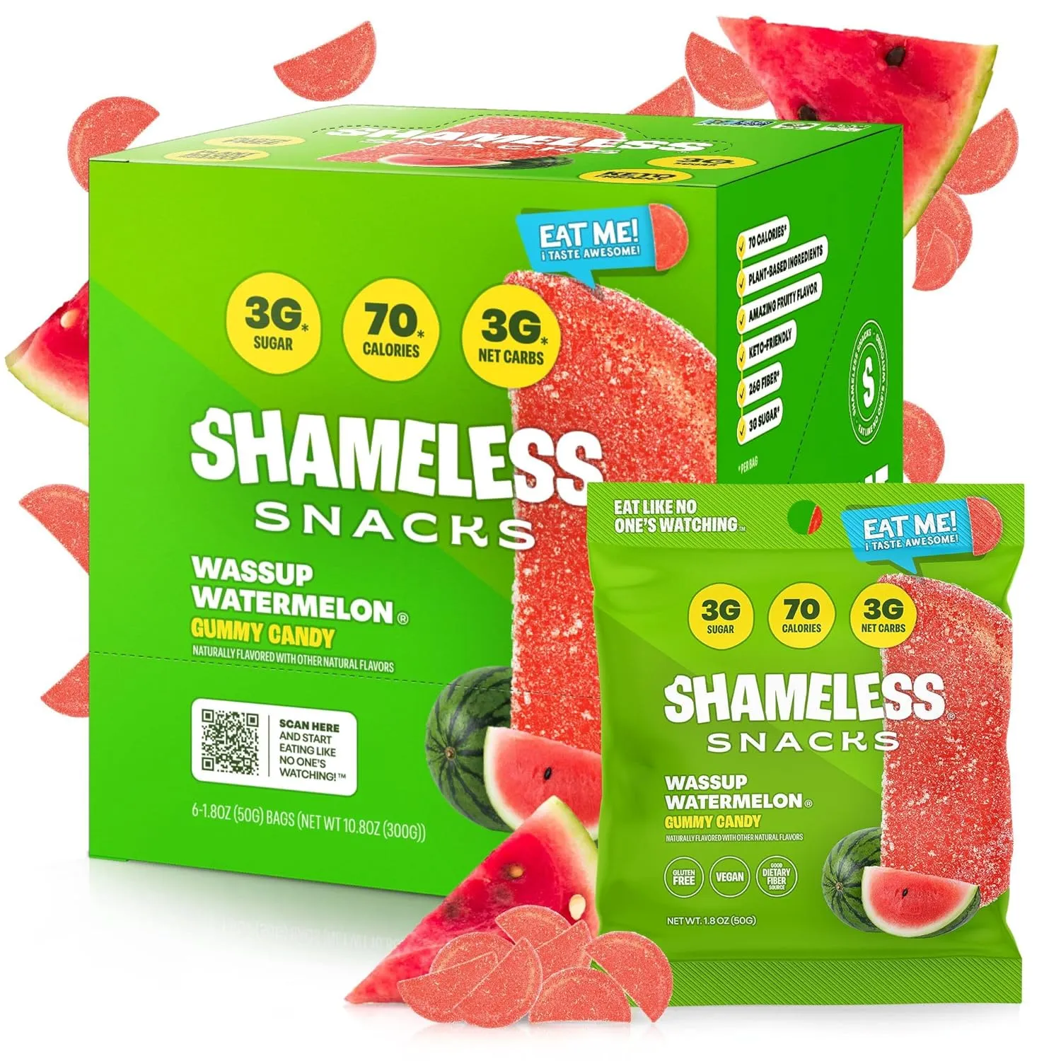 Shameless Snacks - Healthy Low Calorie Snacks, Low Carb Keto Gummies (Gluten Free Candy) - 6 Pack Wassup Watermelon