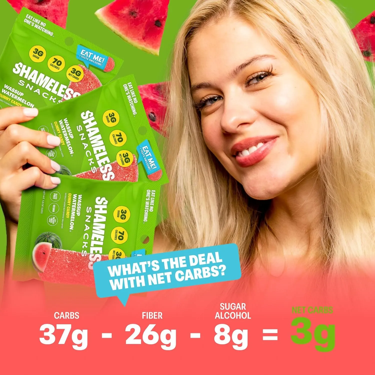 Shameless Snacks - Healthy Low Calorie Snacks, Low Carb Keto Gummies (Gluten Free Candy) - 6 Pack Wassup Watermelon
