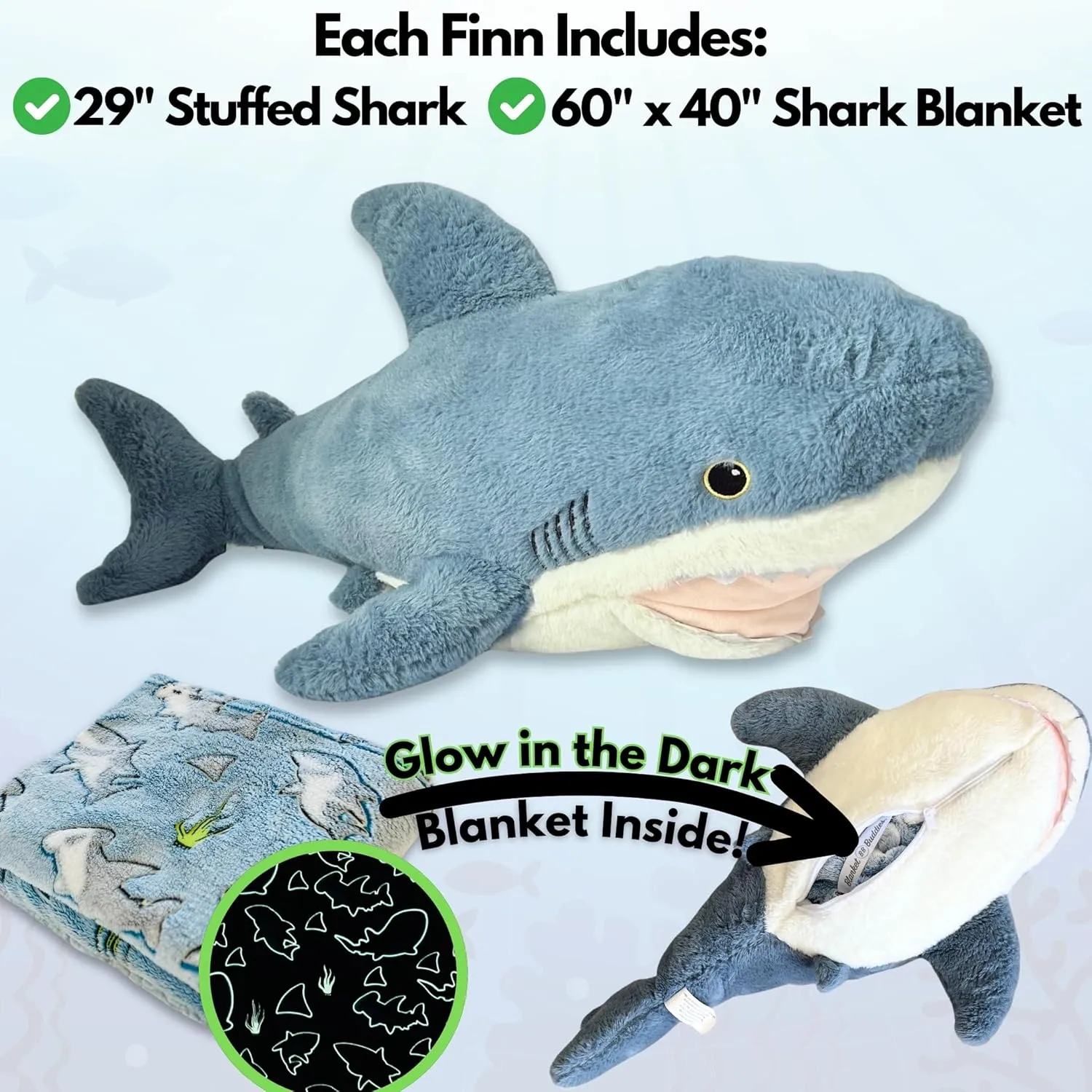Shark Stuffed Animal with Blanket Inside: 3-in-1 Pillow, Blanket, and Friend - Lovable 29" Shark Plush with 60"x40" Detachable Glow-in-The-Dark Cozy Shark Blanket! (Shark)