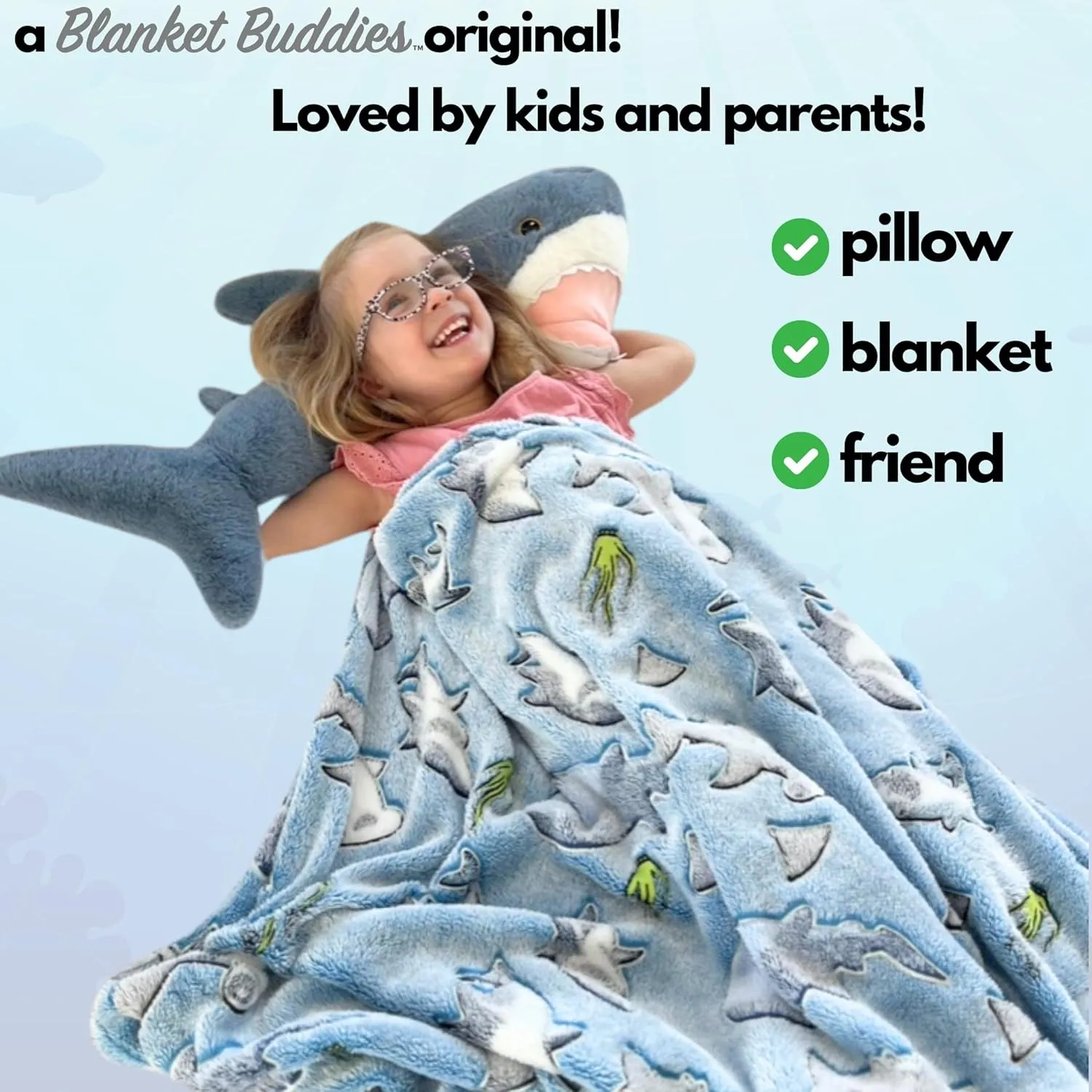Shark Stuffed Animal with Blanket Inside: 3-in-1 Pillow, Blanket, and Friend - Lovable 29" Shark Plush with 60"x40" Detachable Glow-in-The-Dark Cozy Shark Blanket! (Shark)