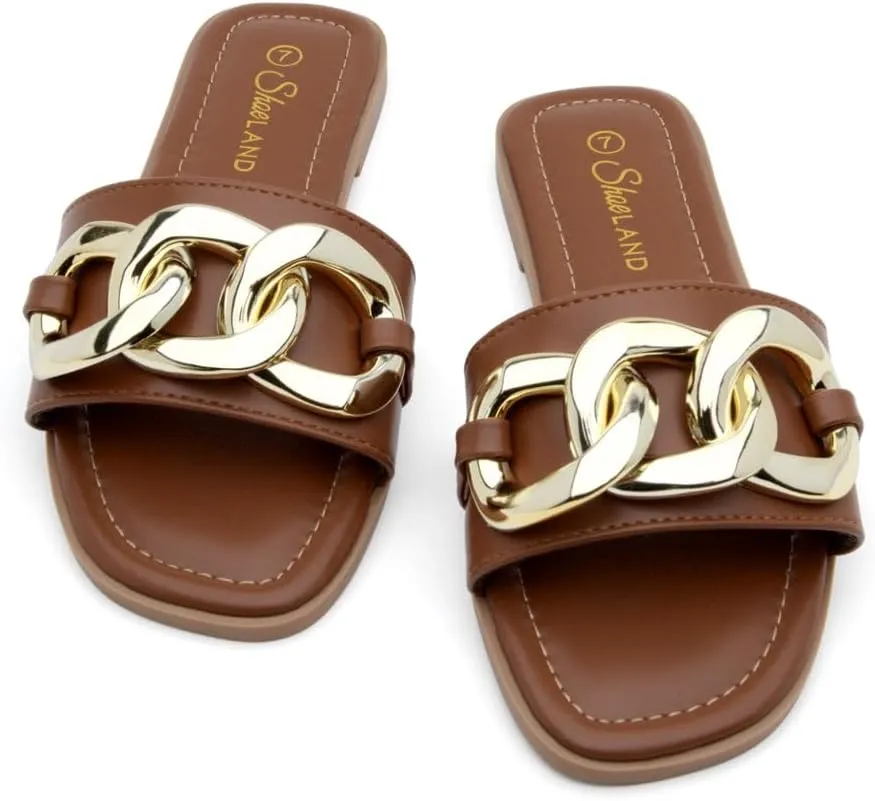 Shoe Land Women's Flat Sandals - Square Open Toe Single Band Fashion Slides with Metal Chain Dressy 2025 Trendy | Comfortable Slippers with Cushioned Footbed for Summer
