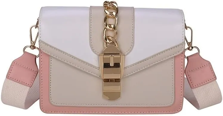 Shoulder Bag Women's Patchwork Color Crossbody Bag with Wide Shoulder Strap Stylish Suspender Bag for Everyday Use(Pink)
