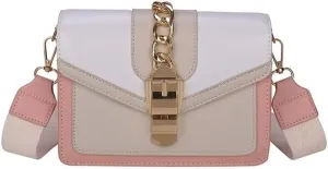 Shoulder Bag Women's Patchwork Color Crossbody Bag with Wide Shoulder Strap Stylish Suspender Bag for Everyday Use(Pink)