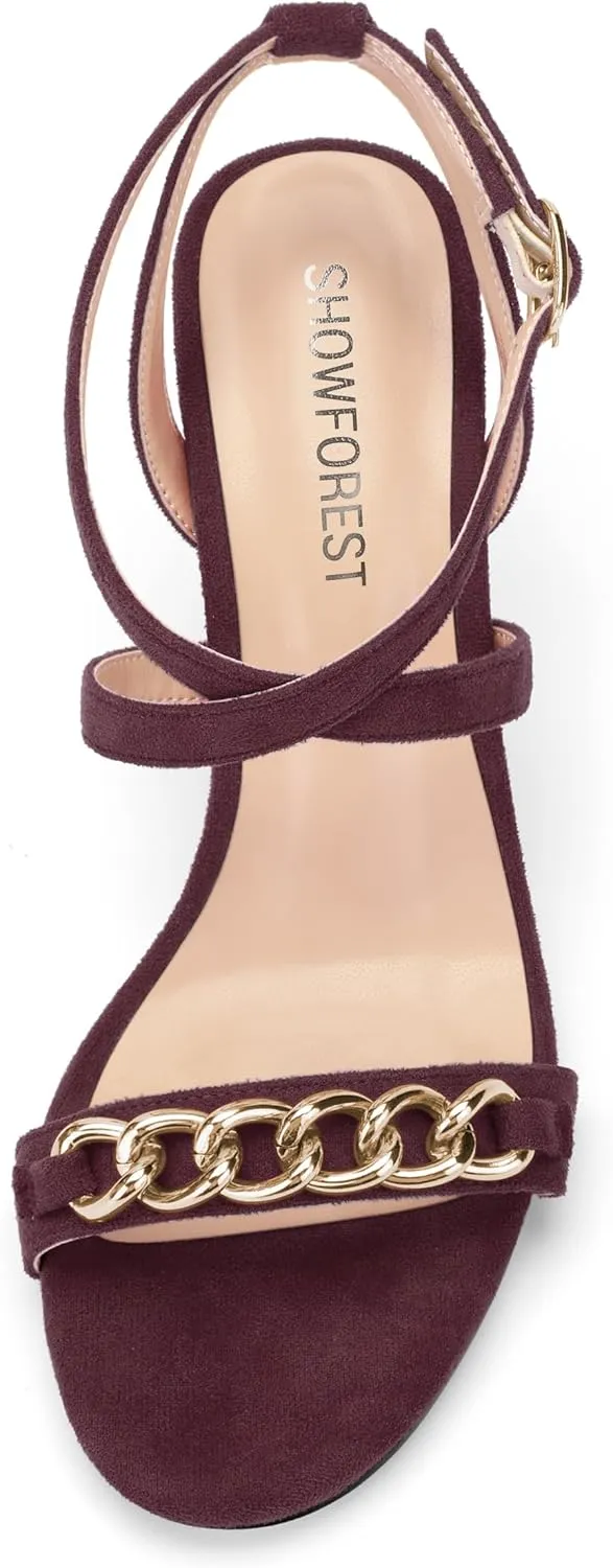 SHOWFOREST Womens Round Toe School Metal Chain Buckle Suede Cute Solid Adjustable Strap Kitten Low Heel Sandals 1.5 Inch