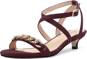 SHOWFOREST Womens Round Toe School Metal Chain Buckle Suede Cute Solid Adjustable Strap Kitten Low Heel Sandals 1.5 Inch
