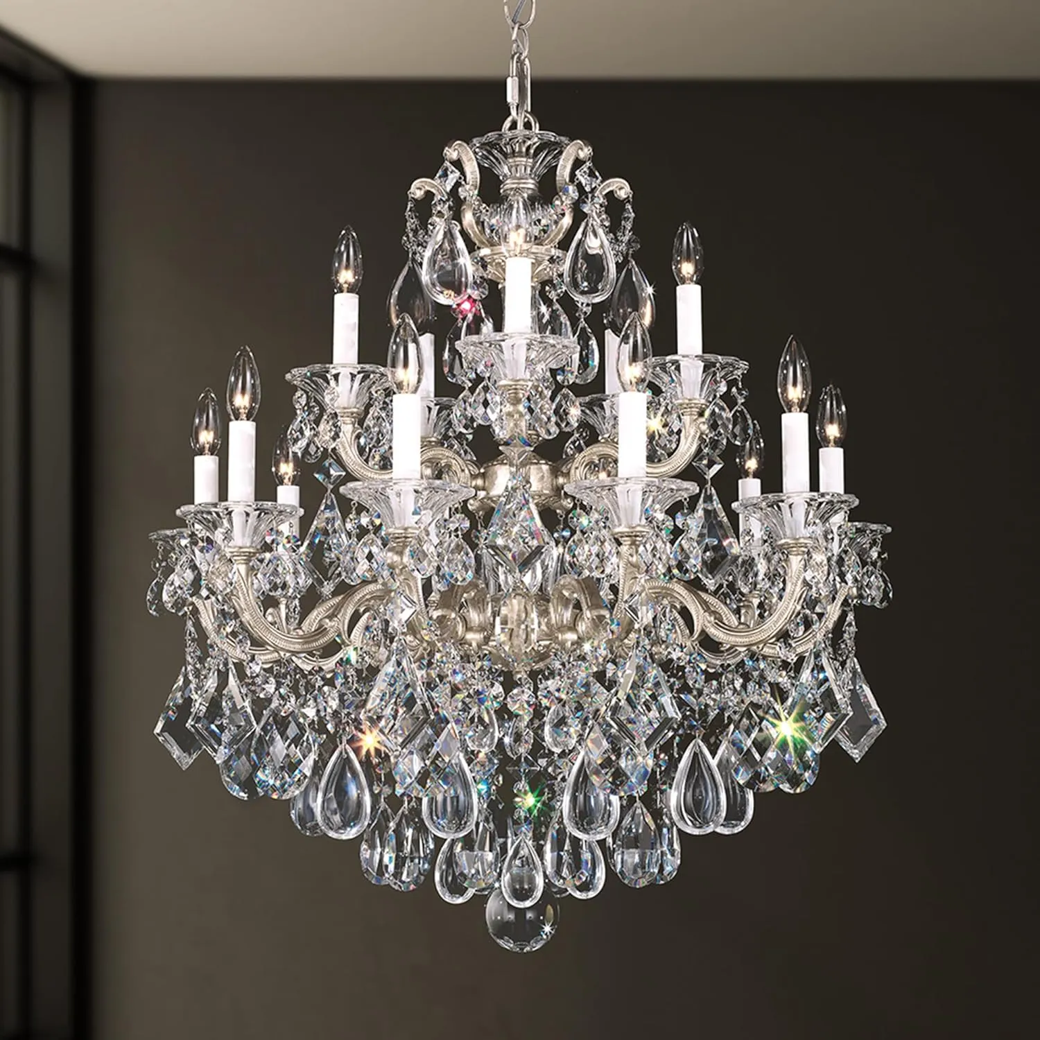 Signature 5075-48S, La Scala 15 Light 28in x 32in Chandelier in Antique Silver with Clear Swarovski Crystals