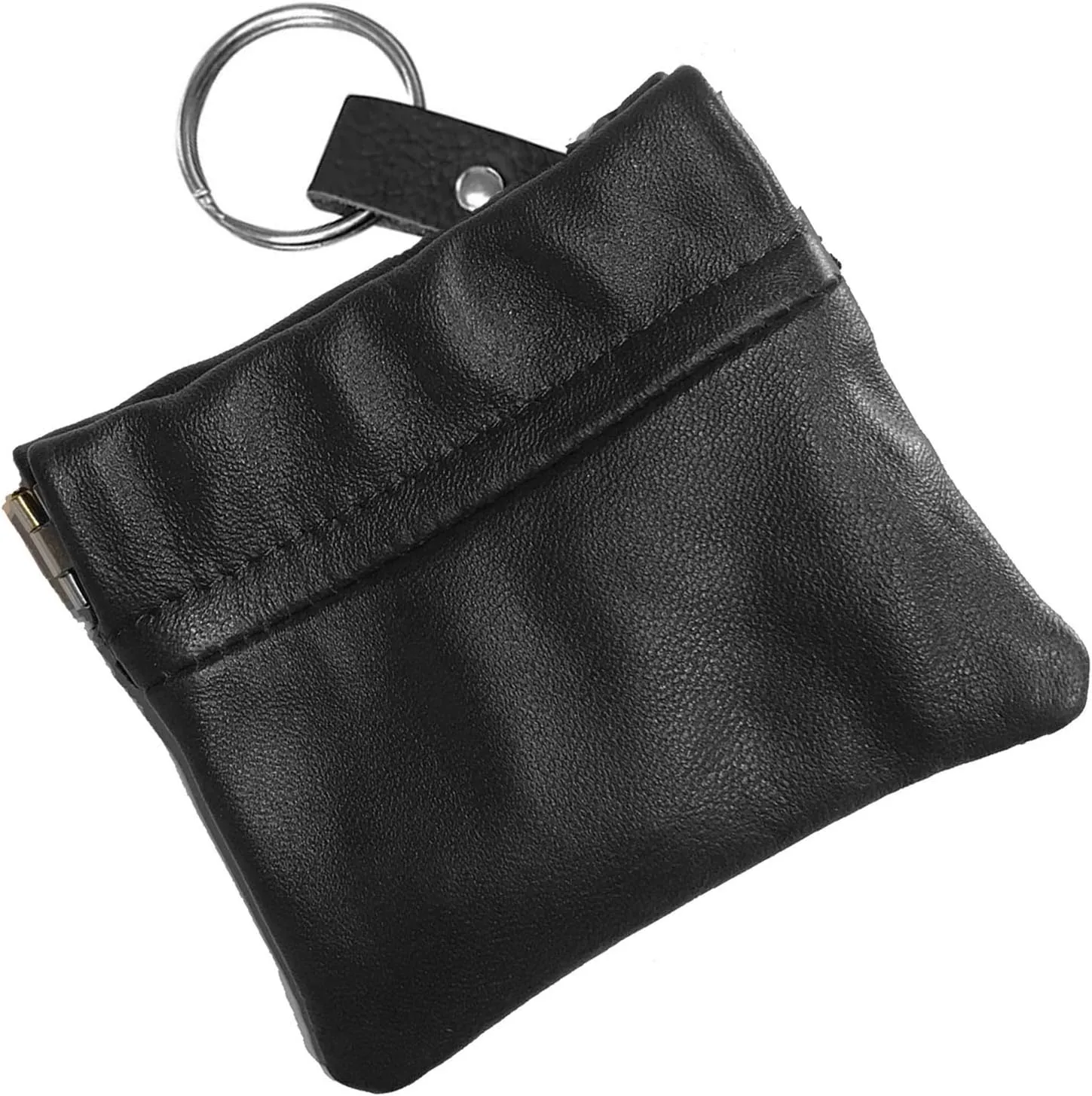 SILVERFEVER Leather Coin Purse Change Holder Squeeze Spring Closure Pouch w Key Ring, 3.5" by 3.5" - Great Gift for Men Women