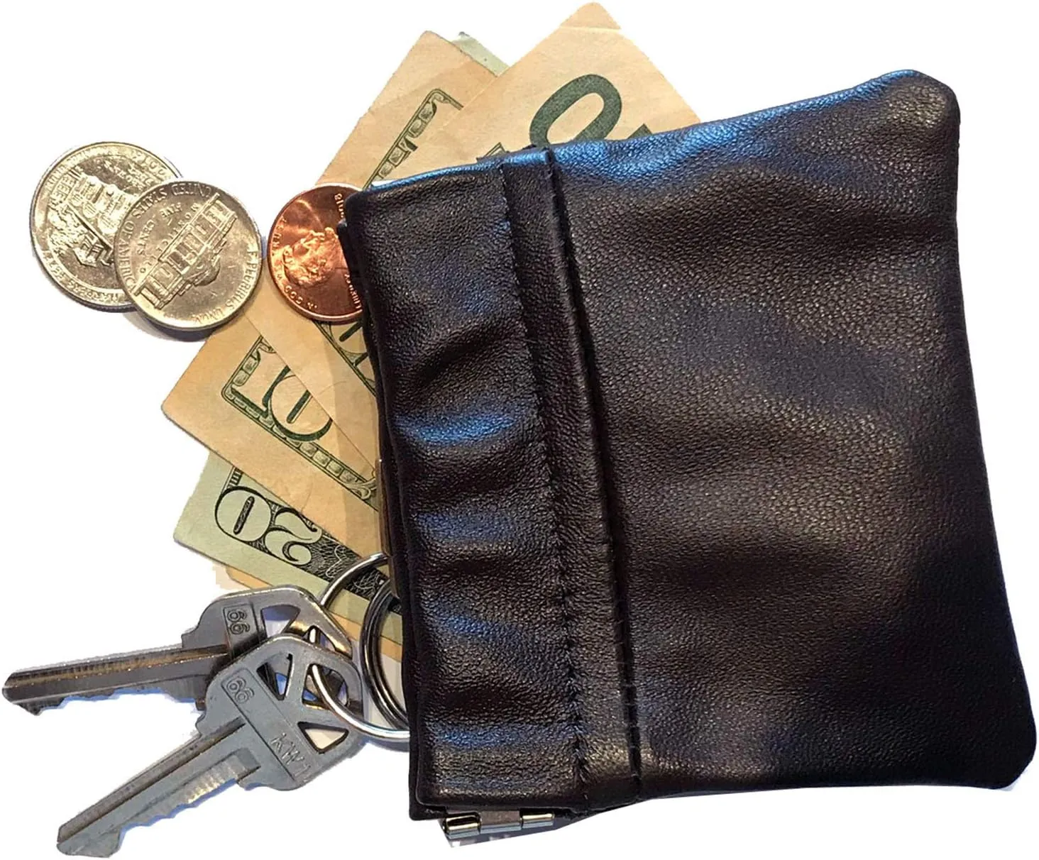 SILVERFEVER Leather Coin Purse Change Holder Squeeze Spring Closure Pouch w Key Ring, 3.5" by 3.5" - Great Gift for Men Women