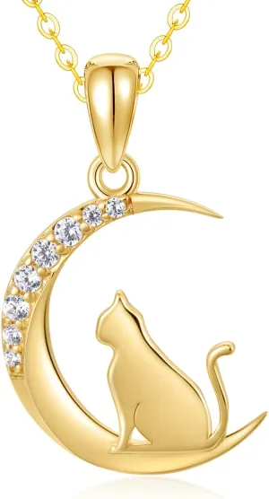 SISGEM 14k Gold Diamond Cat Moon Necklace for Women, Real Gold Pendant and Chain Jewelry for Wife/Girlfriend, Love Gifts for Her, (0.08 ct) 16-18 Inches