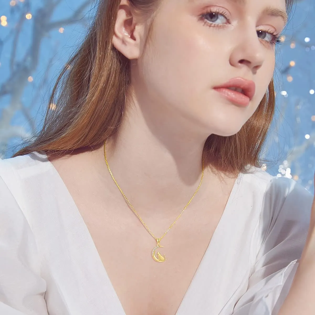 SISGEM 14k Gold Diamond Cat Moon Necklace for Women, Real Gold Pendant and Chain Jewelry for Wife/Girlfriend, Love Gifts for Her, (0.08 ct) 16-18 Inches