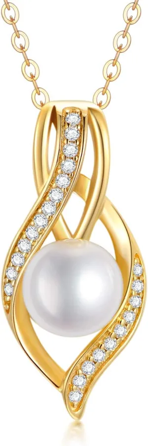 SISGEM Solid 14K Gold Pearl Necklace for Women Freshwater Cultured Pearl Pendant Necklace with Moissanite Dainty Jewelry Anniversary for Wife, Mom, 16''-18''