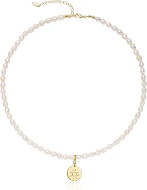S.J JEWELRY Freshwater Pearl Necklace for Women 5mm Dainty Pearl Choker Necklaces 14K Gold Plated Rainbow Moon Pendant