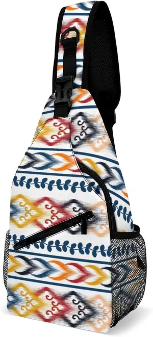 Sling Bag Ikat Ethnic Tribal Boho Crossbody Backpack with Anti Theft Embroidery Adjustable Shoulder Bag for Travel,Hiking,Cycling,Camping
