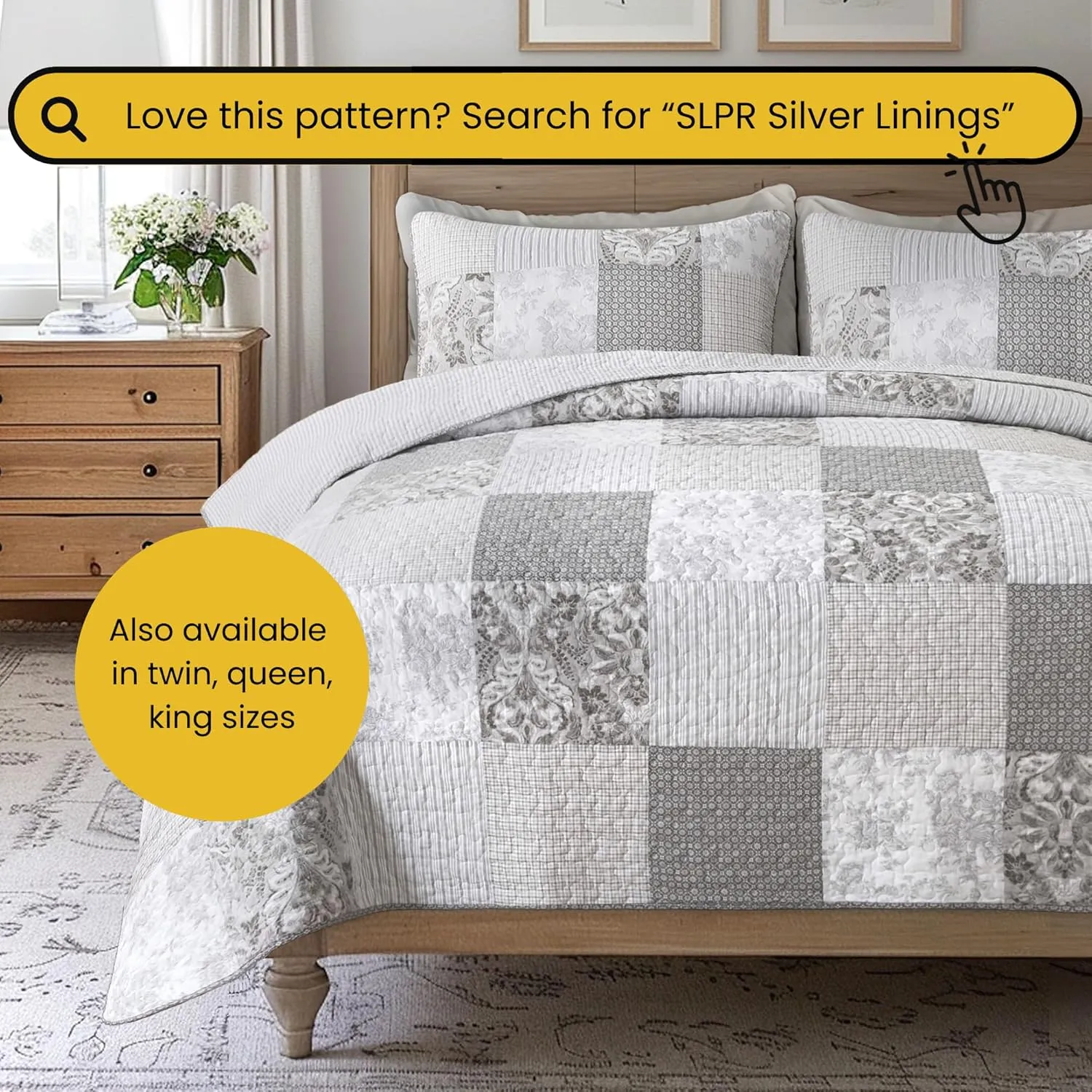 SLPR Cotton Quilted Throw Blanket, 50" x 60" Floral Farmhouse Patchwork Quilt, Shabby Chic Patchwork Throw Lap Quilt for Couch, Silver Linings