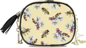 Small Crossbody Bag Buckwheat Flowers and Bees Womens Shoulder Chain Bag PU Leather Small Purse With Tassel