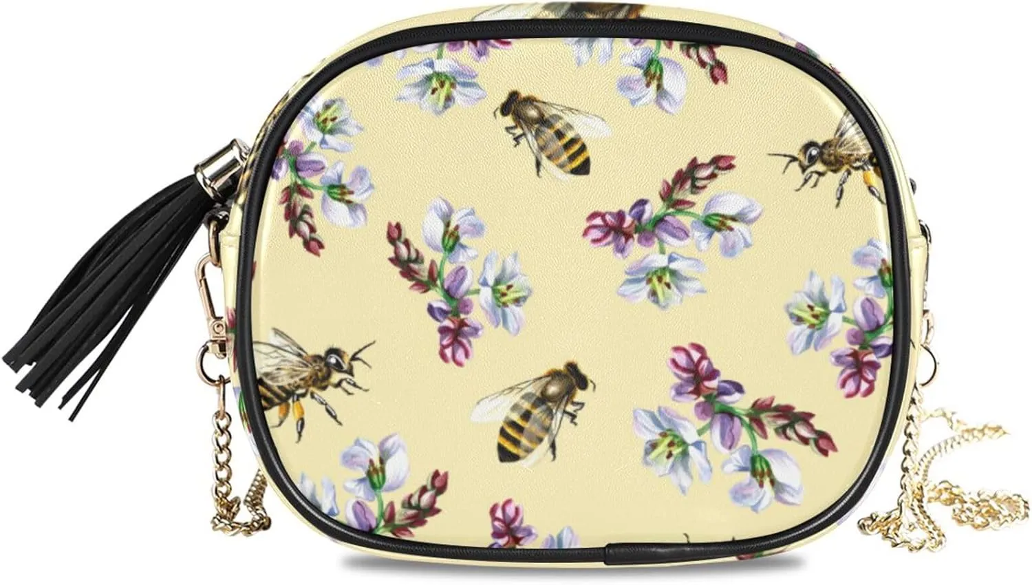 Small Crossbody Bag Buckwheat Flowers and Bees Womens Shoulder Chain Bag PU Leather Small Purse With Tassel