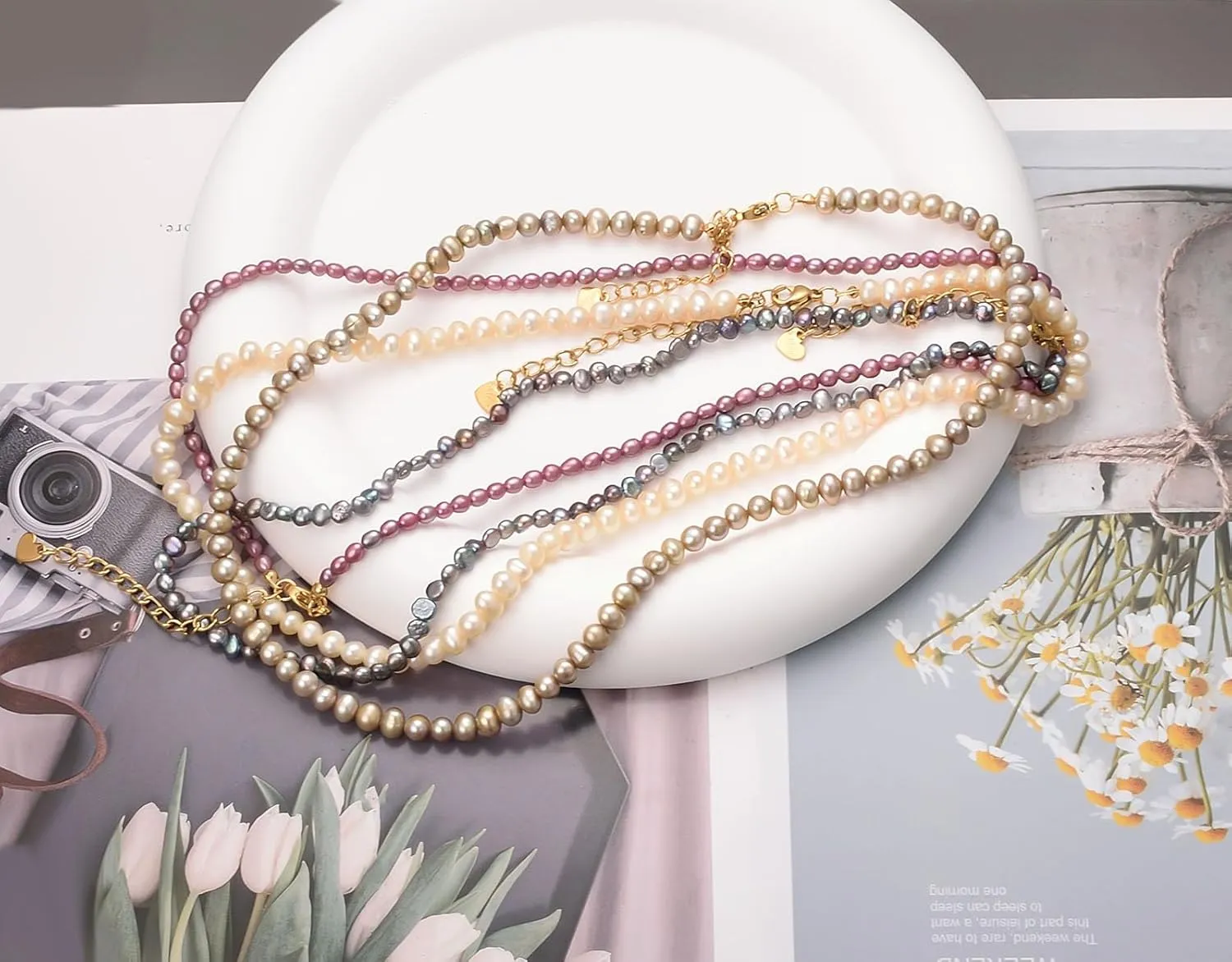 Small Freshwater Rice Pearl Strand 15" Gold Cultured Pearl Necklace for Women Wedding Pearl Choker Handmade Jewelry